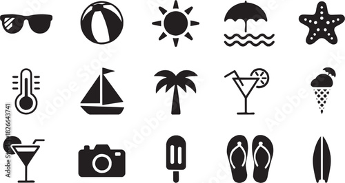 Beach ball sun sailboat summer icon set. Vector glyph pictograms of beach ball, sun, sailboat, and vacation silhouettes