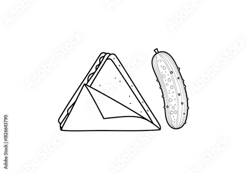 Line art drawing of a triangular sandwich next to a gherkin pickle
