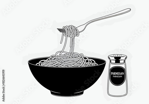 Black and white drawing of spaghetti being lifted from a bowl with a fork next to a shaker