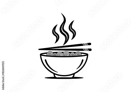 Black and white graphic icon of a steaming bowl of noodles with chopsticks resting across the top