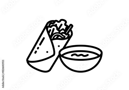 Black and white icon showing a wrapped food item next to a bowl of sauce