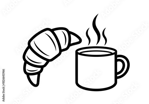 Black and white illustration of a croissant next to a steaming mug