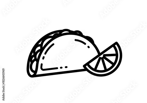 Black and white line art icon of a taco next to a citrus wedge