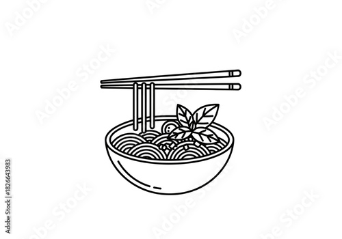 Black and white line art illustration of a bowl of noodles with chopsticks and basil