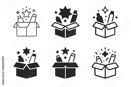 Creative Subscription Box Icons. Subscription boxes. Icon set. Set Logo of subscription boxes: box opening with surprise items. harmonious logo variations of