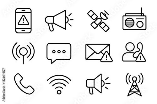 Crisis Communication Icons. Crisis communication. Line icon set of crisis communication: smartphone alert, megaphone, satellite, radio, signal wave, chat
