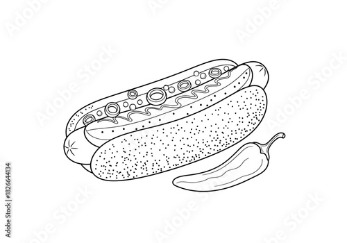Black and white line drawing of a loaded hot dog and a chili pepper