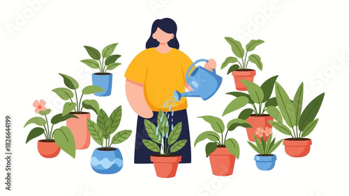 Person Gardening and Watering Plants in Pots at Home, Cultivating Hobby