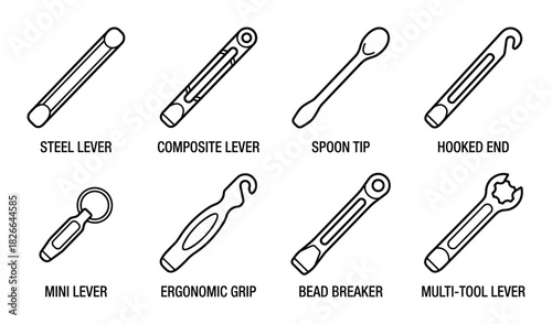 Outline set of bicycle tire levers with steel composite spoon tip hooked end mini ergonomic grip and bead breaker