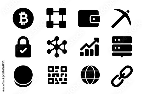 Cryptocurrency Icons Set. Cryptocurrency Banking. Solid icon set of Cryptocurrency Banking: bitcoin symbol, blockchain, wallet, mining pickaxe, secure lock,