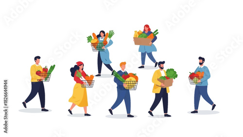 Vibrant Illustration of Diverse People Happily Carrying Bountiful Fresh Produce, Emphasizing Healthy Eating Habits, Community, and Local Food Sourcing