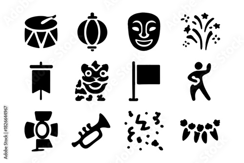 Cultural Festival Icons. Cultural Festivals. Solid icon set of Cultural Festivals: drum, lantern, mask, fireworks, banner, costume, flag, dance pose, stage