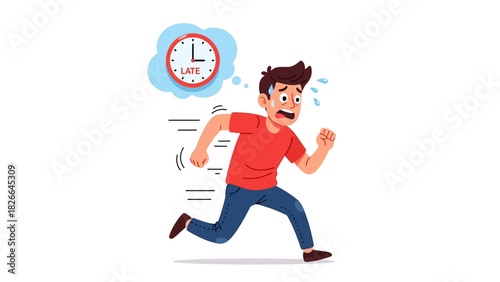 Illustration of a stressed man running late, with a clock showing it's past due time, symbolizing anxiety and urgency