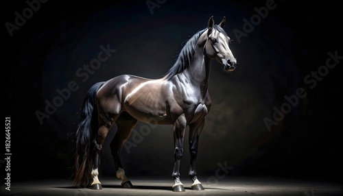 Black Arabian horse portrait on black background isolated