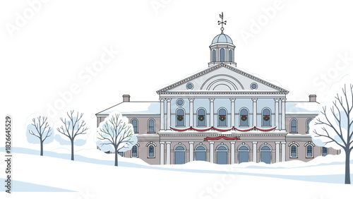 Historical building adorned with holiday wreaths and snow-covered trees, perfect for seasonal greeting cards
