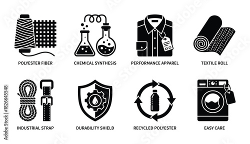 Polyester fiber chemical synthesis performance apparel textile roll industrial strap and recycled polyester icons