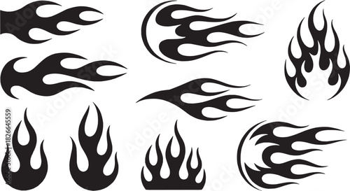 Flame fire hazard icon set. Vector glyph pictograms of flame, fire, hazard, danger, and emergency silhouettes