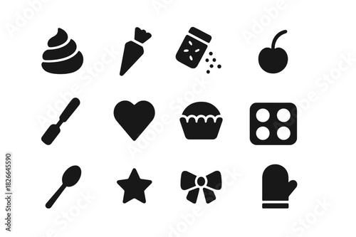 Cupcake Icons Collection. Cupcake Decoration. Solid icon set of Cupcake Decoration: frosting swirl, piping bag, sprinkle jar, cherry, spatula, heart, cupcake