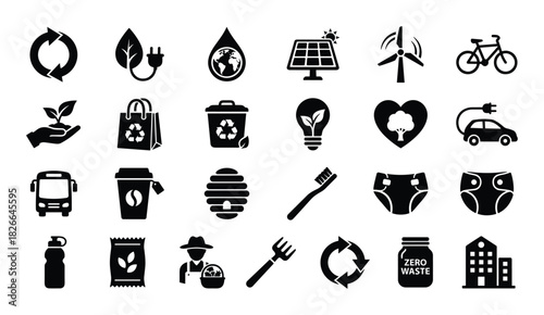 Recycle and ecology glyph icons set black solid signs for environmental protection and nature