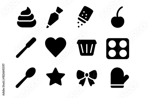 Cupcake Icons Collection. Cupcake Decoration. Solid icon set of Cupcake Decoration: frosting swirl, piping bag, sprinkle jar, cherry, spatula, heart, cupcake
