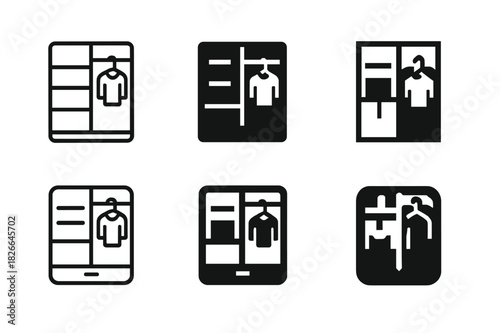 Custom Storage Icons. Creating custom-designed home storage solutions. Icon set. Set Logo of creating custom-designed home storage solutions: closet organizer.