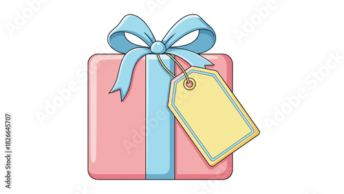 Charming pink gift box with a stylish blue ribbon and a blank yellow tag ready for your heartfelt message or special announcement