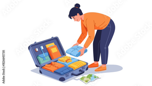 A woman meticulously organizing her open suitcase, carefully folding clothes and packing essentials for an anticipated travel adventure and seamless journey