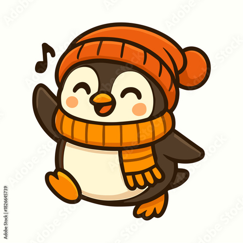 Happy penguin sings a song while wearing winter clothes