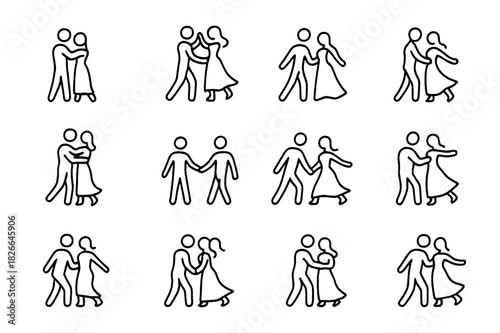 Dance Silhouette Icons. Dance couple silhouettes. Line icon set of dance couple silhouettes: close dance pose, romantic twirl, leaning in, flowing dress, groom