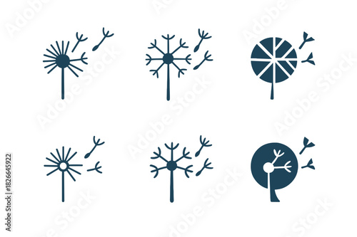 Dandelion Logo Variations. Wish. Icon set. Set Logo of wish: dandelion puff blowing. harmonious logo variations of the same emblematic concept, each with