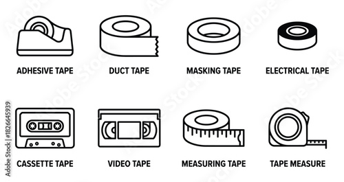 Set of adhesive, duct, masking, electrical, cassette, video, measuring tape, and tape measure line icons