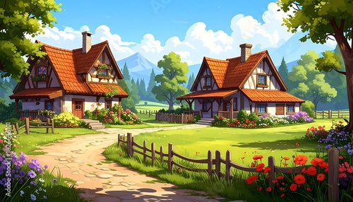 Fototapeta Naklejka Na Ścianę i Meble -  Two charming cartoon cottages sit in a bright, blooming meadow under a clear sky with mountains in the background