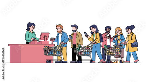 People waiting in line at the checkout with smartphones and shopping carts full of groceries, modern retail experience, consumerism concept