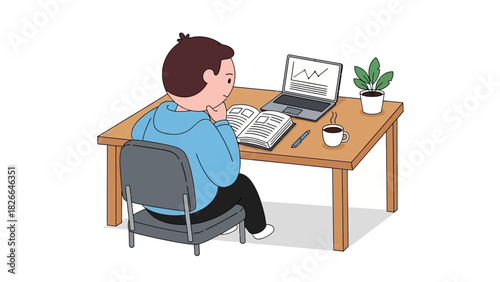 A focused student diligently studies at a desk with a laptop, book, and coffee, embodying the spirit of academic pursuit