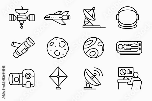 Deep Space Icons. The future of deep space exploration. Line icon set of The future of deep space exploration: space probe, interstellar spaceship, deep space