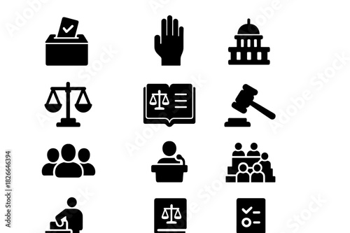 Democracy Icons Set. History of democracy. Solid icon set of The history of democracy and political systems: ballot box, voting hand, parliament building,