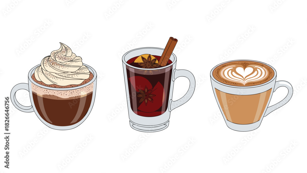 Obraz premium Cozy autumn vibes with hot chocolate, spiced mulled wine, and cafe latte art perfect for holiday season promotions