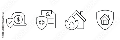 Money shield, medical document, fire damage, home protection icon vector illustration for insurance coverage use.