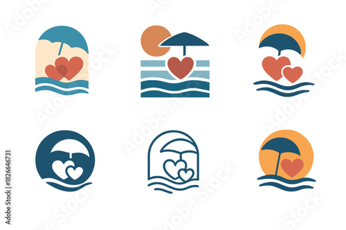 Destination Wedding Logos. Destination weddings and honeymoon destinations. Icon set. Set Logo of destination weddings: romantic seaside resort. harmonious