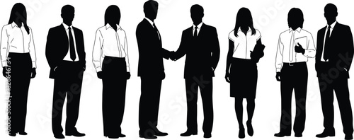 Business team silhouette group standing together, corporate professionals, teamwork concept illustration, office staff collaboration, leadership unity, formal attire figures
