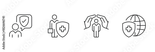 Client advice, employee cover, personal protection, global health insurance icon vector illustration for policy service use.