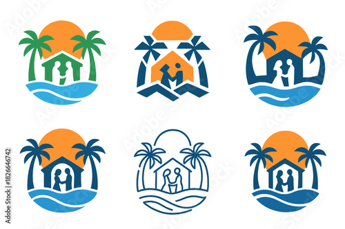 Destination Wedding Logos. Destination weddings and honeymoon destinations. Icon set. Set Logo of destination weddings: romantic seaside resort. harmonious