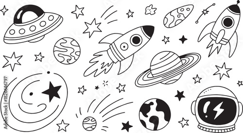 Rocket stars planet space icon set. Vector glyph pictograms of rocket, stars, planets, galaxy, and cosmic silhouettes