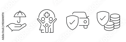 Insurance protection, family health, car coverage, financial security icon vector illustration for policy services use.