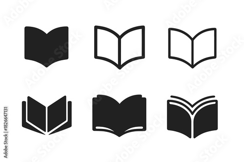 Diverse Book Logos. Open book. Icon set. Set Logo of open book: Floating open book icon. harmonious logo variations of the same emblematic concept, each with