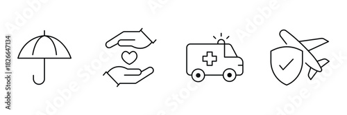 Umbrella protection, caring hands, ambulance cover, travel shield icon vector illustration for insurance service use.