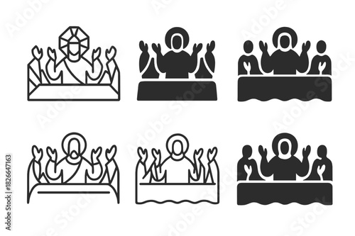 Diverse Last Supper Logos. Last Supper. Icon set. Set Logo of Last Supper: apostles with raised hands. harmonious logo variations of the same emblematic