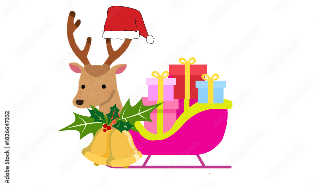 Fototapeta premium PNG image of A christmas reindeer with santa hat and sleigh full of gifts and bells illustration art 100