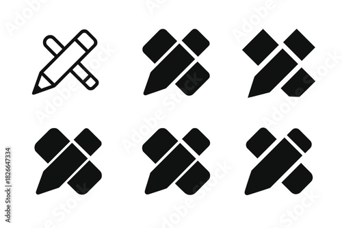 Drawing Tools Icon Set. Drawing tools. Icon set. Set Logo of drawing tools: pencil and eraser. harmonious logo variations of the same emblematic concept, each