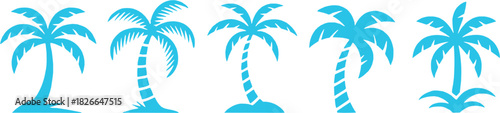 Blue palm tree tropical icon set. Vector glyph pictograms of palm tree, tropical design, beach, and holiday silhouettes
